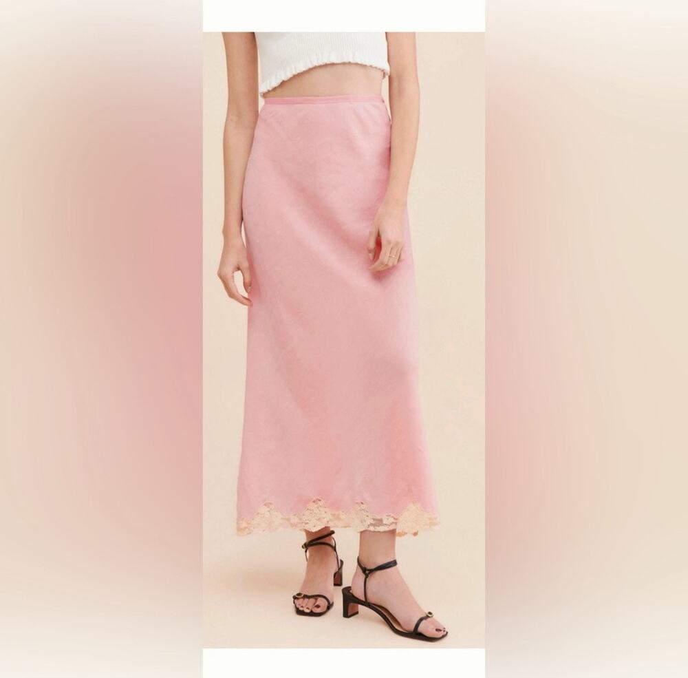 RIXO Linen Crystal Maxi Skirt Pink Lace Trim